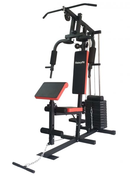 Многофункциональный силовой комплекс VictoryFit VF-H7001 для домашних тренировок с весовым стеком 54,5 кг, стальной рамой 50х50 мм, регулируемой партой для бицепса, верхним и нижним блоками и упором для ног
