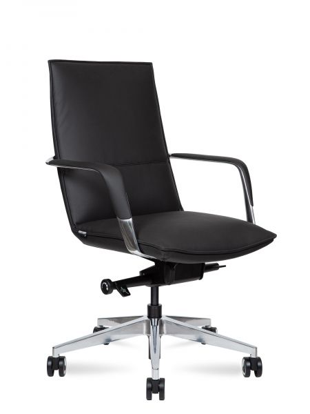 Офисное кресло для руководителя Norden Parker LB из черной экокожи с сиденьем Memory Foam, стационарными подлокотниками, литой крестовиной 70 см и механизмом качания мультиблок на нагрузку до 120 кг