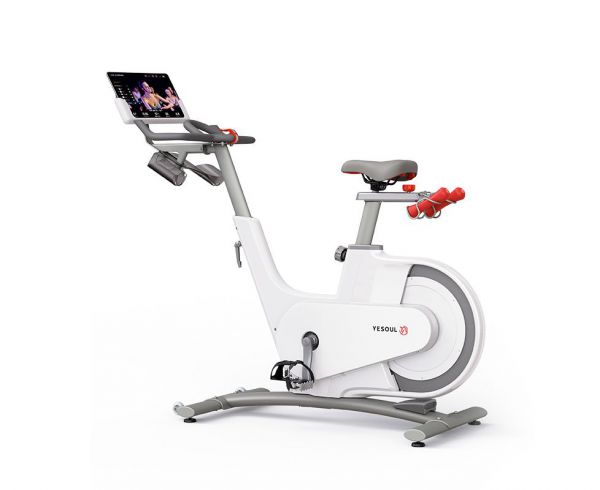 Белый спин-байк YESOUL Smart Spinning bike V1 с поворотным Wi-Fi экраном 32 дюйма, механической магнитной нагрузкой, сиденьем с регулировкой по высоте и вылету, рассчитанный на рост 150–188 см и вес до 130 кг