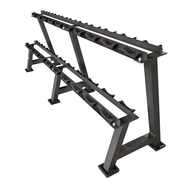 Стойка для хранения гантелей DFC Powergym RA778 из прочного черного стального профиля на 10 пар снарядов весом 12.5–50 кг с защитными нескользящими накладками для коммерческих залов и дома, 121.5х89.5х18 см