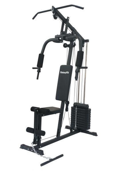 Многофункциональный силовой тренажер VictoryFit VF-HG3100 черного цвета для дома с блоком верхней тяги, тренажером сгибания ног с мягкими валиками, стеком 45,5 кг и регулировкой под рост пользователя до 190 см