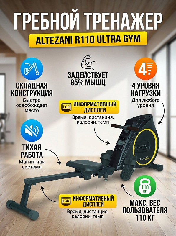 Складной домашний гребной тренажер Altezani R110 с магнитной системой на 4 уровня, направляющей из стальной трубы для пользователей до 110 кг, регулируемыми ремнями упоров для стоп и автономным дисплеем