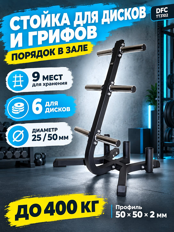 Напольная стойка для дисков и грифов DFC TT3102 из черного стального профиля 50х50х2 мм с предельной нагрузкой 400 кг, 6 держателями под посадочные диаметры 25 и 50 мм и 3 вертикальными отсеками для штанг