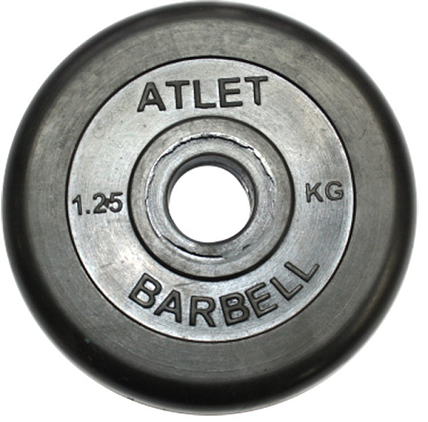 Диск обрезиненный MB Barbell Atlet 1.25 кг, черный, посадочный диаметр 26 мм для штанг и гантелей