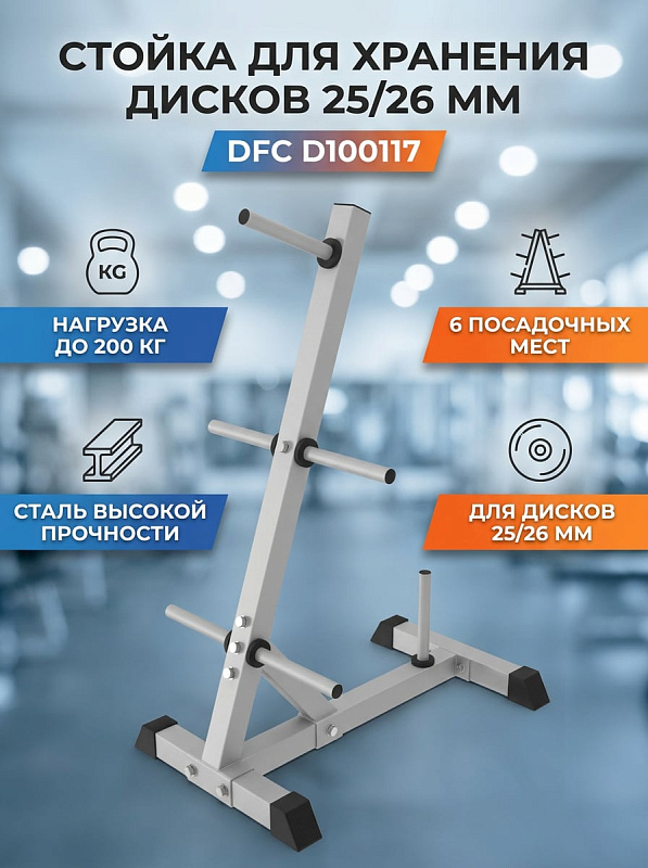 Напольная стойка DFC D100117 для блинов диаметром 25/26 мм с рамой из профиля 50х50х1,5 мм, шестью штырями по 19,5 см для домашнего спортзала с допустимой нагрузкой до 200 кг и габаритами 71х47х97 см