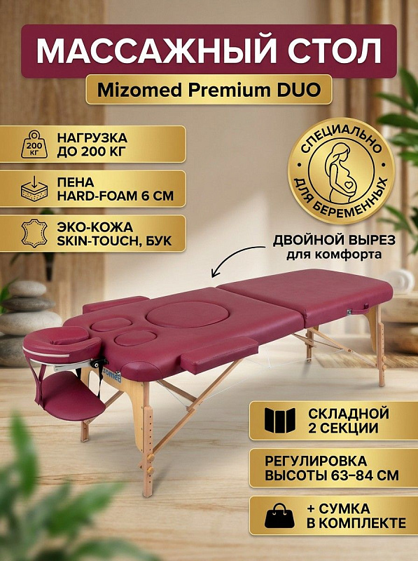 Двухсекционный складной массажный стол Mizomed Premium DUO цвета бургунди с анатомическими вырезами для беременных, пеной Hard-Foam 6 см и алюминиевым подголовником: габариты 192х70 см, вес 16 кг, сумка в комплекте