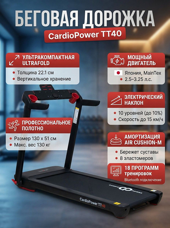 Электрическая складная беговая дорожка CardioPower TT40 на стальной раме для домашних тренировок пользователей весом до 130 кг и ростом до 190 см с 18 программами, LED-дисплеем, валами 42 мм и разъемом USB