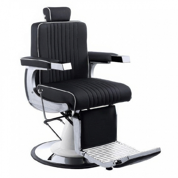 Мужское парикмахерское кресло Barber F-9139 для барбершопов с гидравлическим подъемом, откидной спинкой, подставкой для ног, подголовником и обивкой из черного кожзаменителя на металлокаркасе, размер 100х70х80 см