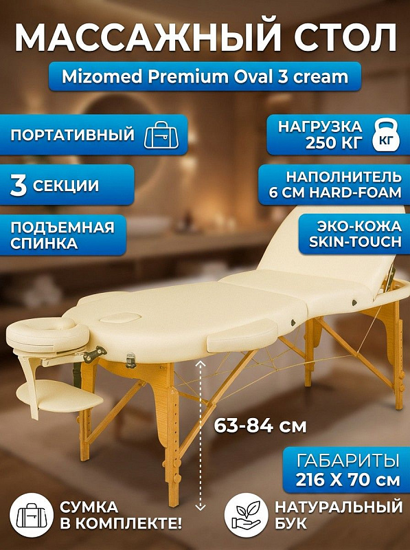 Трехсекционный переносной массажный стол Mizomed Premium Oval 3 cream овальной формы с вырезами для косметологов и массажистов: деревянная кушетка 216х70 см весом 22 кг с лицевым люверсом и нагрузкой до 250 кг