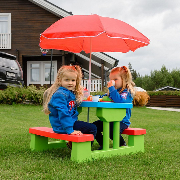 Стол детский с лавочками и зонтом UNIX Kids Garden пластиковый для дачи и улицы, голубой