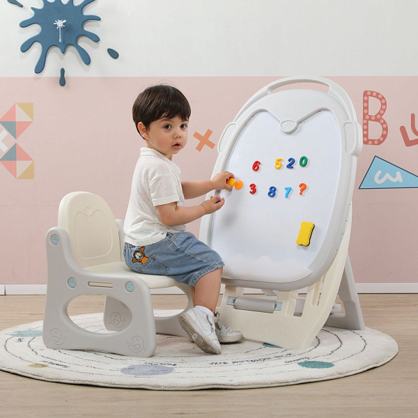Развивающий детский мольберт UNIX Kids Grey магнитно-маркерный со стульчиком, цифрами-магнитами, маркерами и губкой, растущий, напольный, 62-82 см