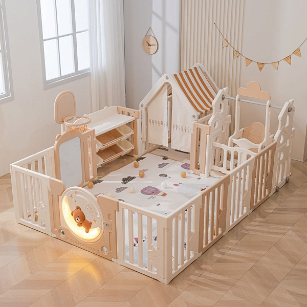 Большой детский игровой манеж UNIX Kids DeLuxe House&Storage 180x200 см с домиком, качелями, мольбертом, стеллажом