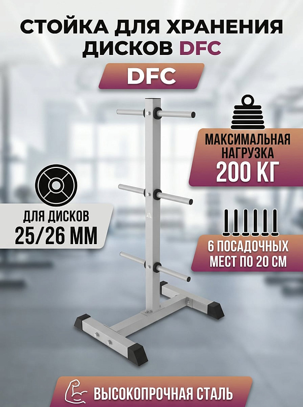 Напольная стойка DFC D100133 для хранения тренировочных дисков 25 и 26 мм в зоне свободных весов: рама из стали с профилем 50х50х1,5 мм, 6 накопителей по 20 см, нагрузка до 200 кг и габариты базы 60х50х105 см