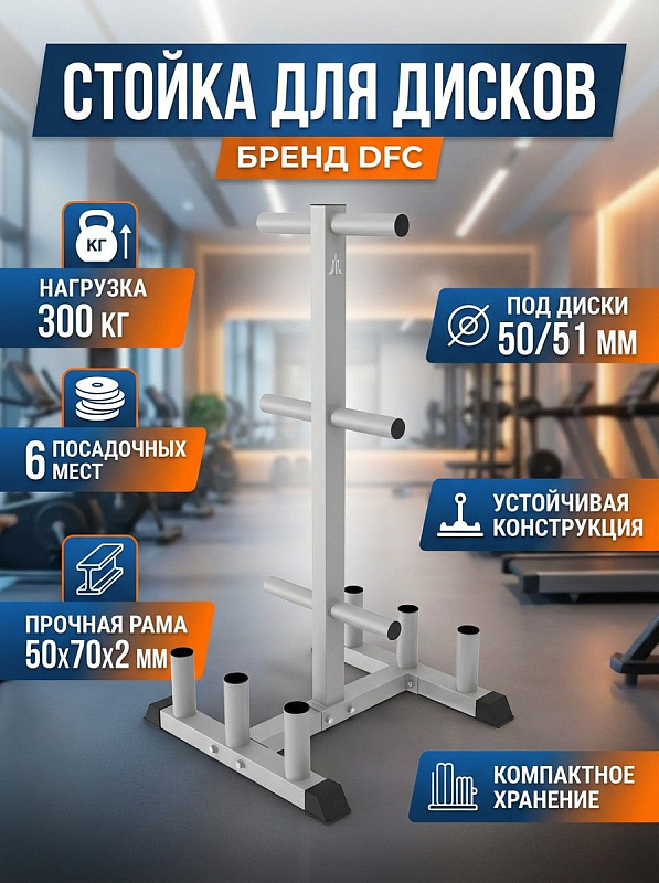 Напольная стойка для дисков и грифов DFC D100897 с 6 посадочными штырями калибра 50/51 мм и нагрузкой до 300 кг для безопасного хранения свободных весов в домашнем спортзале, размеры 71х70х131 см, вес 19 кг