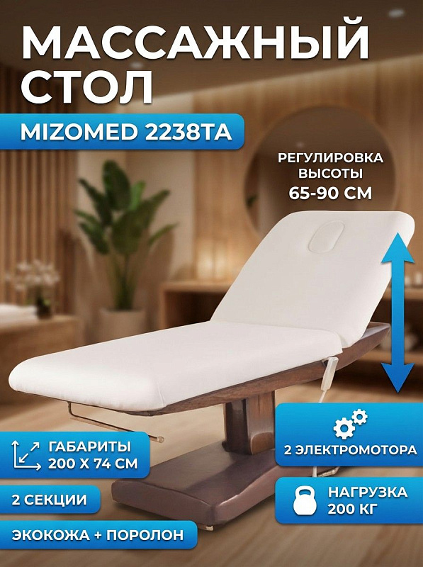 Двухсекционный массажный стол-кушетка Mizomed 2238TA для кабинетов и спа-центров с электрорегулировкой высоты от 650 до 900 мм, подвижной спинкой, каркасом на 200 кг, ложем 2000х740 мм и защитным чехлом из ПВХ