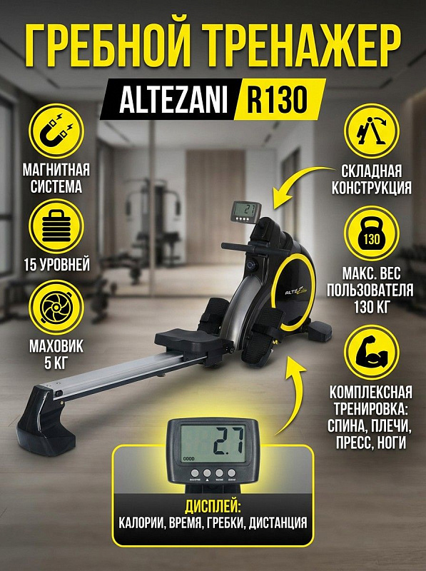 Домашний гребной тренажер с магнитной нагрузкой Altezani R130 со складной рамой, маховиком 5 кг, алюминиевым рельсом, 15 уровнями сопротивления и встроенным дисплеем для пользователей весом до 130 кг