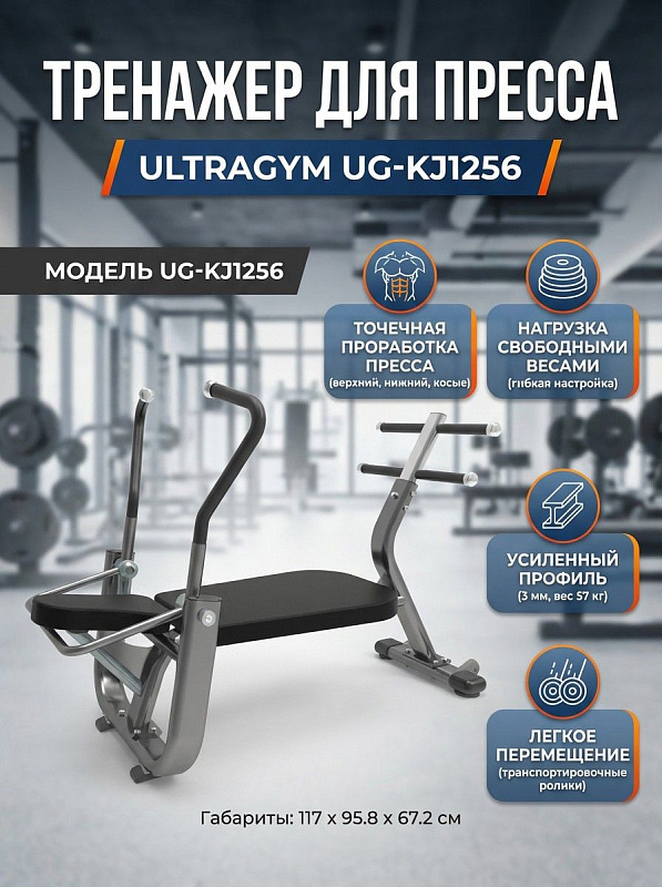 Профессиональная рычажная скамья для мышц пресса UltraGym UG-KJ1256 на стальной раме 10х5х0,3 см с двумя уровнями фиксации ног, двухслойной порошковой окраской и встроенными транспортировочными роликами
