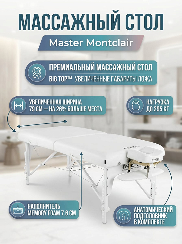 Двухсекционный складной массажный стол Master Montclair белого цвета с ложем 183х79 см, армированной PU-обивкой, системой складывания шиацу и арочными панелями рейки для работы массажистов в кабинете и на выезде