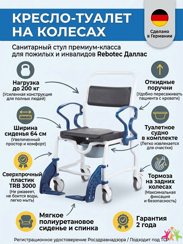 Кресло-стул с санитарным оснащением Rebotec Даллас 342.54, Цвет: серый/синий