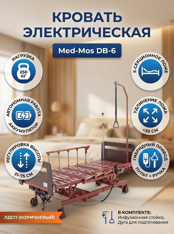 Медицинская функциональная кровать Мед-Мос DB-6 с электроприводом, удлинением ложа на 200 мм и спинками из ЛДСП для ухода за пациентами дома и в стационаре: стальной каркас, подъем 310-750 мм, нагрузка до 250 кг
