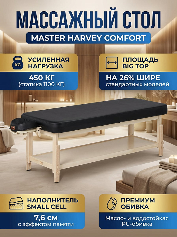 Стационарный массажный стол Master Harvey Comfort на каркасе из дерева CARB с нагрузкой до 450 кг, регулировкой высоты 61–89 см, подъемной спинкой, ложем 76х183 см и съемным подголовником для клиник и спа