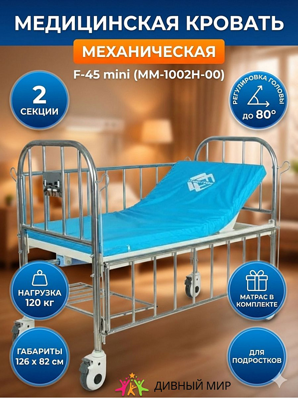 Кровать медицинская механическая Мед-Мос F-45 mini (ММ-1002Н-00) детская 2 секции с матрасом