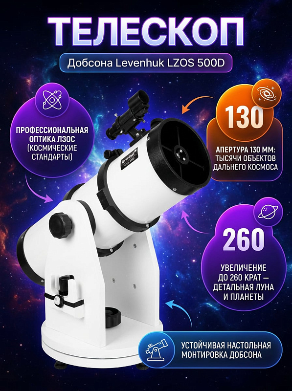 Настольный зеркальный телескоп Levenhuk LZOS 500D системы Ньютона со стальной трубой, оптикой ЛЗОС 130 мм, фокусом 1000 мм и проницанием 12.5 звездной величины для углубленных астрономических наблюдений