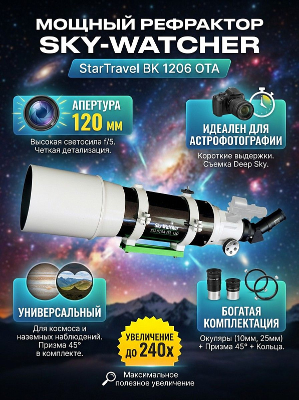 Короткофокусный линзовый телескоп Sky-Watcher StarTravel BK 1206 OTA с двухэлементным просветленным объективом 120 мм и фокусером 2 дюйма для астрономических и наземных наблюдений без монтировки в комплекте