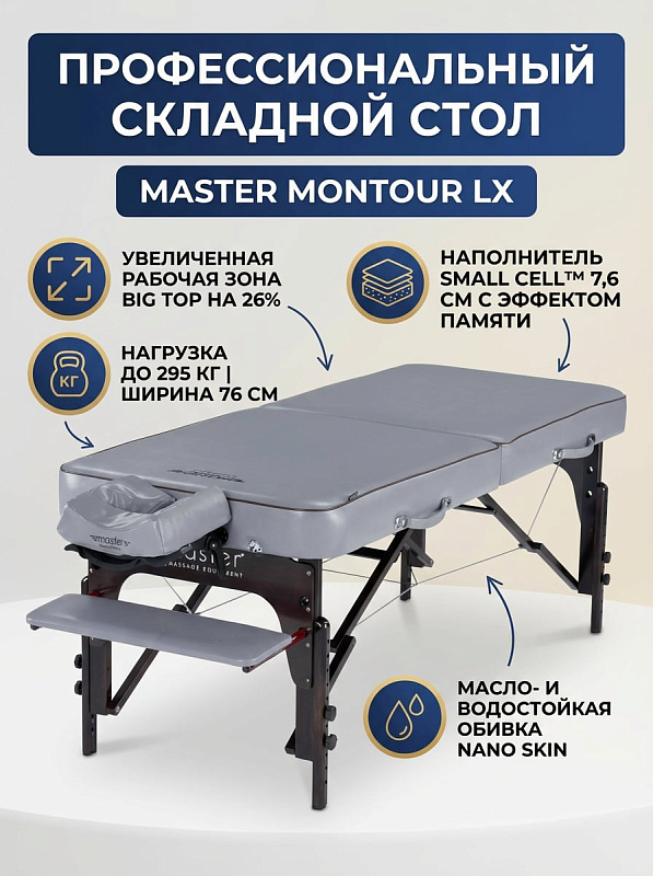 Двухсекционный складной массажный стол Master Montour LX шириной 76 см для массажистов и косметологов с буковым каркасом, регулировкой высоты от 61 до 86 см, нагрузкой до 295 кг и сумкой с полуваликом
