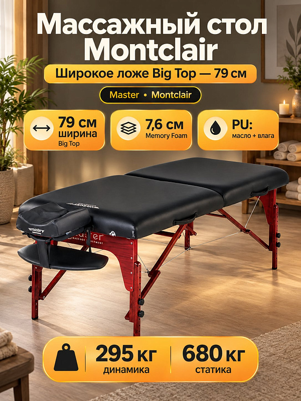 Складной массажный стол Master Montclair черного цвета для массажистов и мануальных терапевтов: увеличенное ложе 183х79 см, трехслойная пена с Memory Foam 7,6 см, регулировка высоты 61–86 см и система шиацу