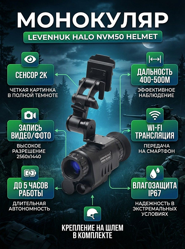 Цифровой прибор ночного видения Levenhuk Halo NVM50 Helmet в корпусе из ABS-пластика с креплением на шлем для охоты и патрулирования: объектив 20 мм, угол обзора 40°х22°, компас, гироскоп и защита IP67 от –25 до +50 °C