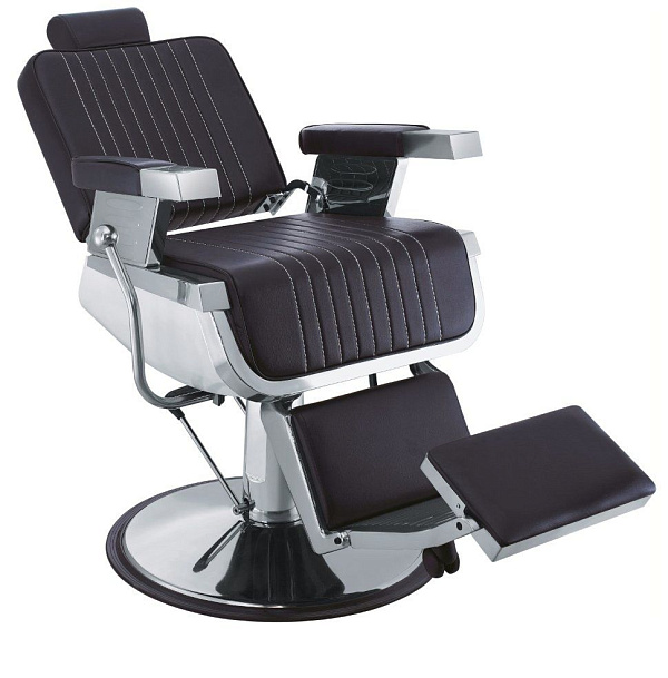 Мужское парикмахерское кресло Barber F-9130 в черной обивке из кожзама с гидравлическим подъемным механизмом, откидной спинкой, съемным подголовником и регулируемой подножкой на хромированном круглом основании