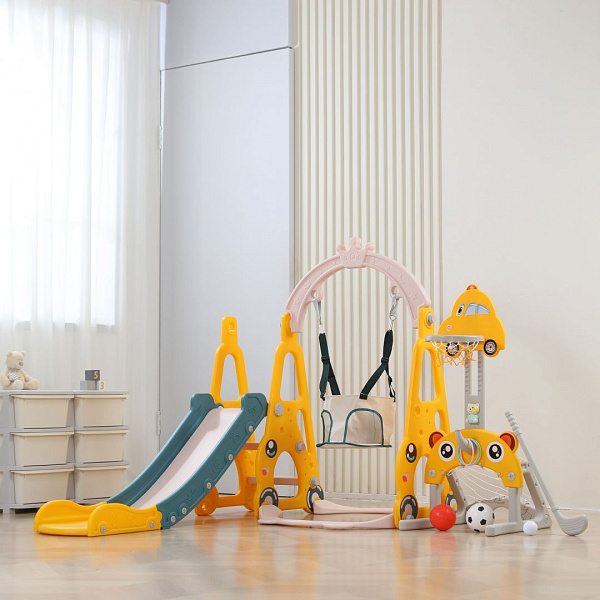 Детская горка с качелями и баскетбольной стойкой UNIX Kids Funny Car Yellow, пластиковый игровой комплекс 3 в 1 для дома и улицы
