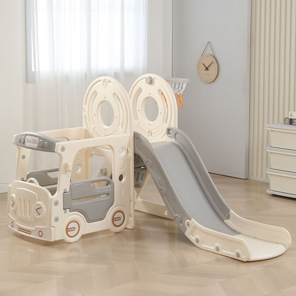 Игровой комплекс для детей с горкой UNIX Kids Bus (171 см) Grey для дома и улицы, машинка с горкой и баскетбольным кольцом, автобус, серый/белый