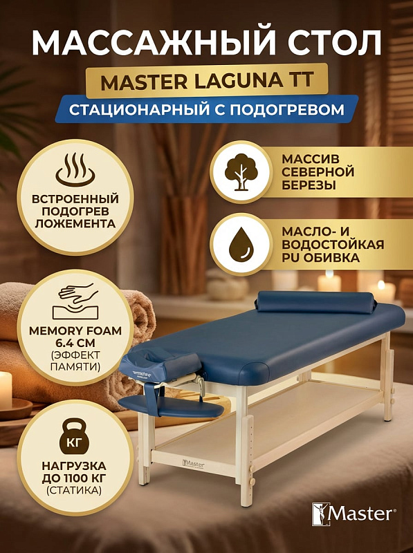 Стационарный односекционный массажный стол Master Laguna TT с подогревом, каркасом из массива северной березы, наполнителем Small Cell 6,4 см, синей PU-кожей и регулировкой высоты 64–89 см для спа и клиник