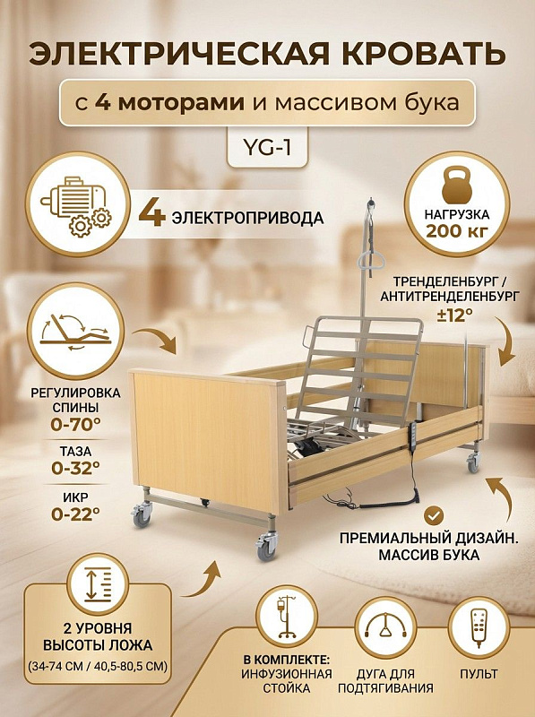 Электрическая кровать Мед-Мос YG-1 для ухода за лежачими больными со стальным ложем 186х90 см, регулировкой высоты 34–80,5 см, нагрузкой 200 кг, спинками из бука, боковыми ограждениями, дугой и инфузионной стойкой