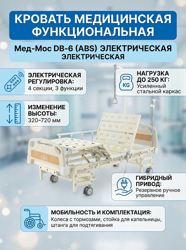 Четырехсекционная больничная кровать Мед-Мос DB-6 (ABS) с электроприводом и пультом для лежачих больных: регулировка ложа от 320 до 720 мм, наклон икроножной зоны до 25°, ручка гибридного привода, нагрузка до 250 кг