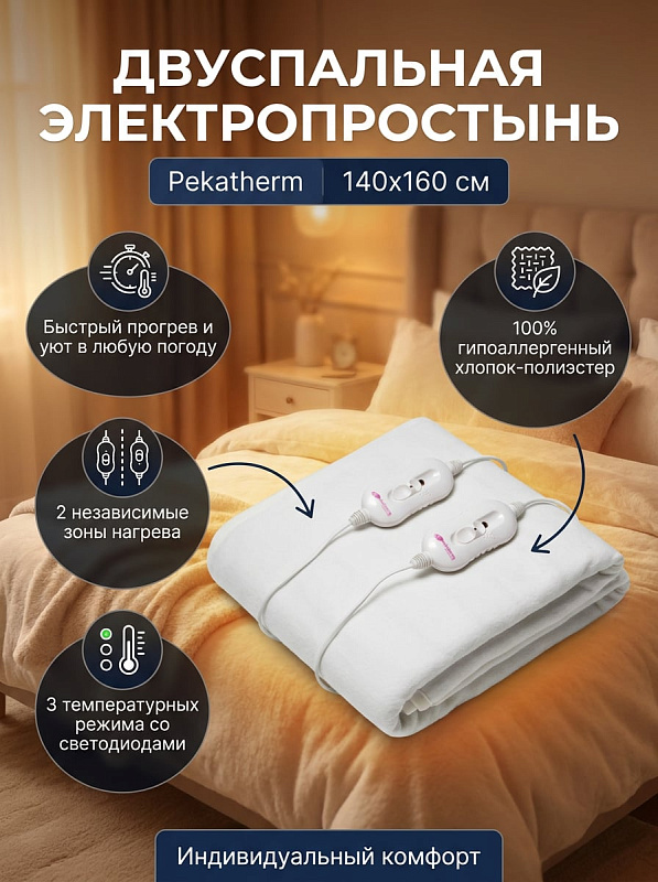 Электропростынь двуспальная PEKATHERM UP205D 160x140 см, 2 пульта, 3 режима, полиэстер