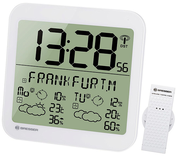 Настенные часы Bresser MyTime Meteotime LCD белые с метеостанцией, термометром, гигрометром и прогнозом погоды