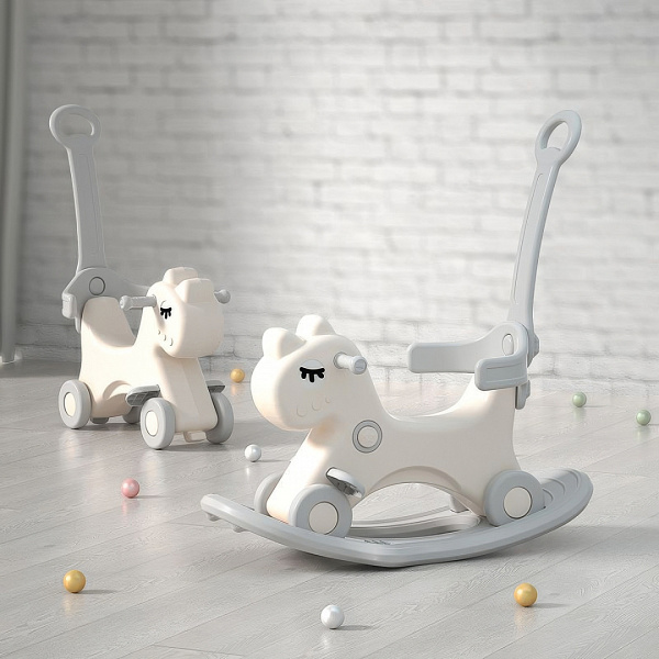 Лошадка-качалка-беговел UNIX Kids Grey с ручкой для детей от 1 года, для дома и улицы, 90х85х34 см, серый