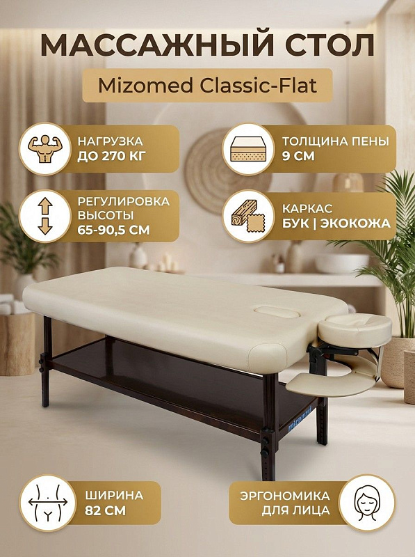 Стационарный массажный стол Mizomed Classic-Flat SCF3M32 для спа-центров и массажа с ложем 192х82 см, регулировкой высоты 65–90,5 см, пеной Hard-Foam, люверсом для лица и предельной нагрузкой до 270 кг