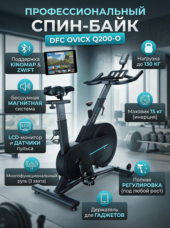 Магнитный велотренажер DFC OVICX Q200-O для дома с маховиком 15 кг, двусторонним ходом педалей, предельной нагрузкой до 130 кг, рулем на 3 варианта хвата и регулировкой высоты сиденья от 84 до 103 см