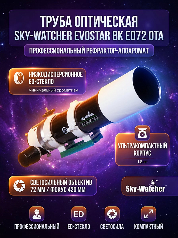Оптическая труба-рефрактор Sky-Watcher Evostar BK ED72 OTA с апохроматическим объективом 72 мм, двухскоростным фокусером 2'', крепежными кольцами и защитным кейсом для полевых наблюдений космоса и наземных панорам