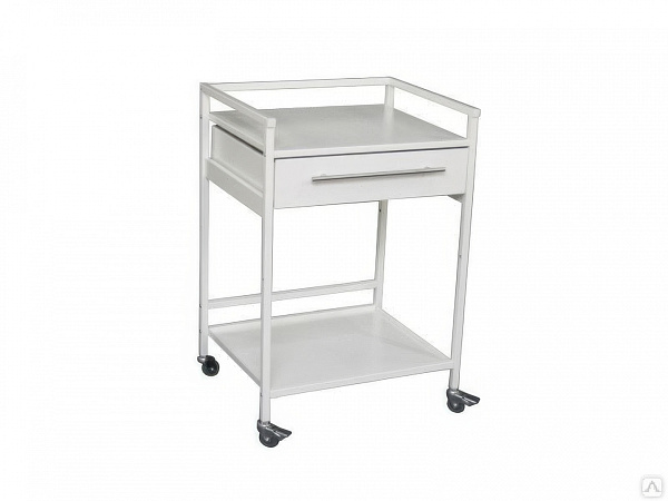 Столик манипуляционный СММП-08-Я-ФП-02-1 с ящиком и 2 полками, металлический, на колесах
