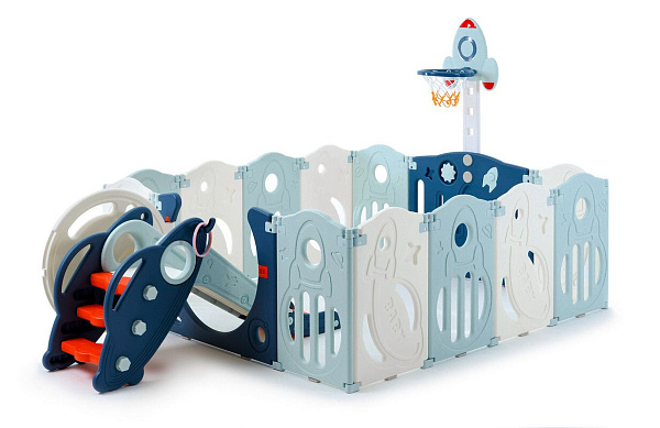 Большой детский игровой манеж, комплекс UNIX Kids SUPREME Space 160x160 Blue из пластика, с ковриком, горкой, баскетбольным кольцом, для дома и улицы, голубой, синий